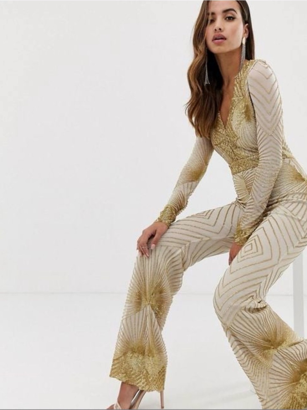 Goddiva London White Gold Sequin Plunge Flare Jumpsuit Art Deco Formal